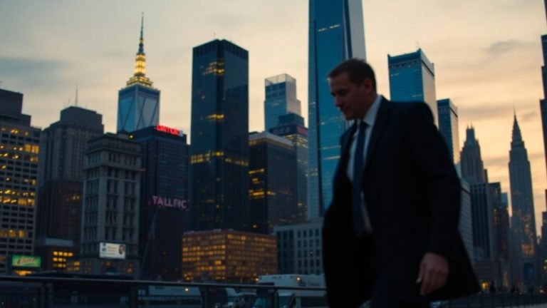 NYC skyline and confident figure, hedge fund career.