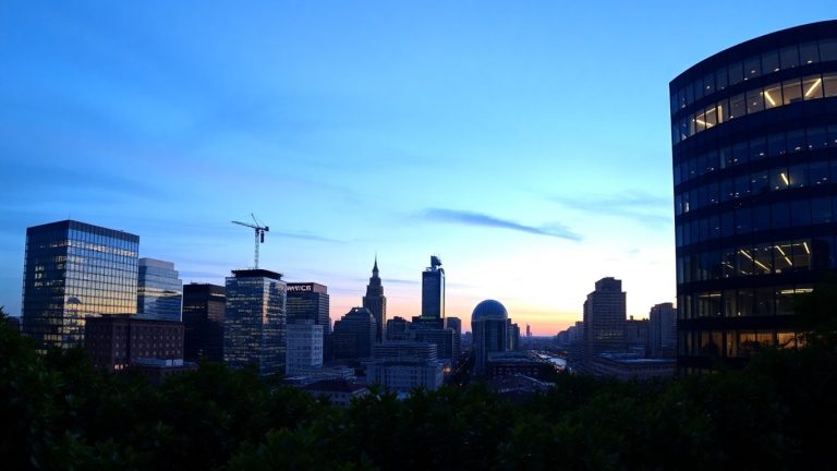 Greenwich, Connecticut skyline at dusk.
