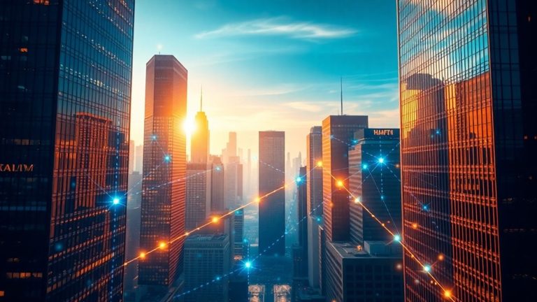 Modern cityscape with abstract financial data streams.