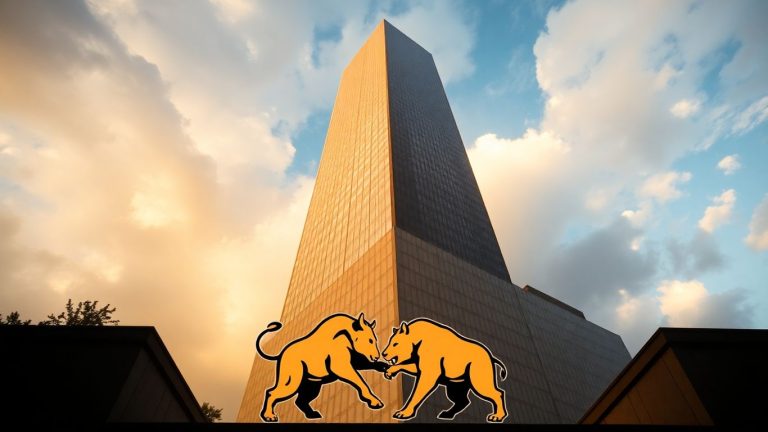Skyscraper with bull and bear market symbols.