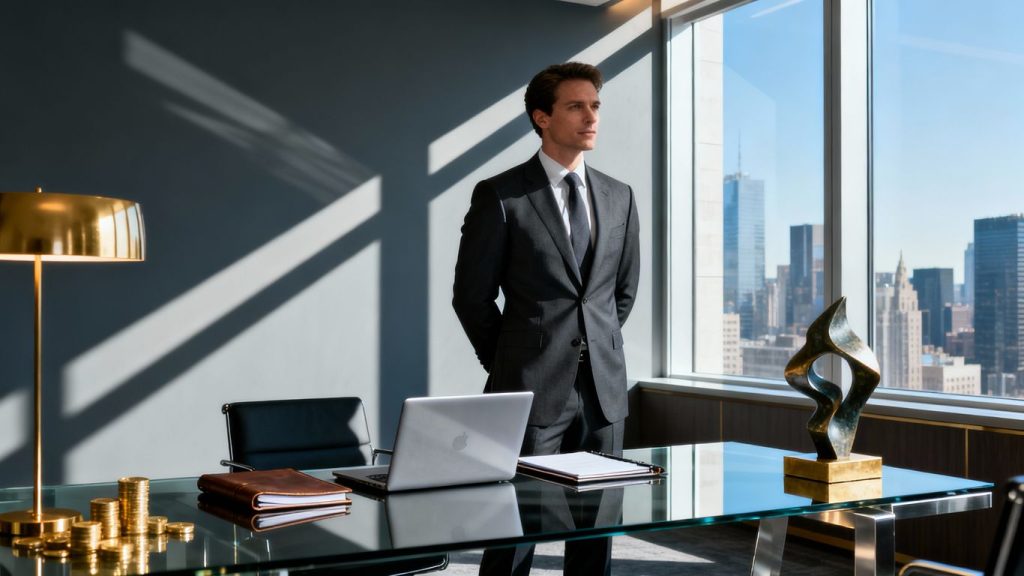 Hedge fund analyst in a modern office.