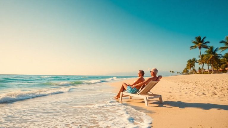 Couple relaxing on a beach during retirement.