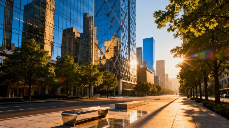 Stamford skyline with office buildings and trees.