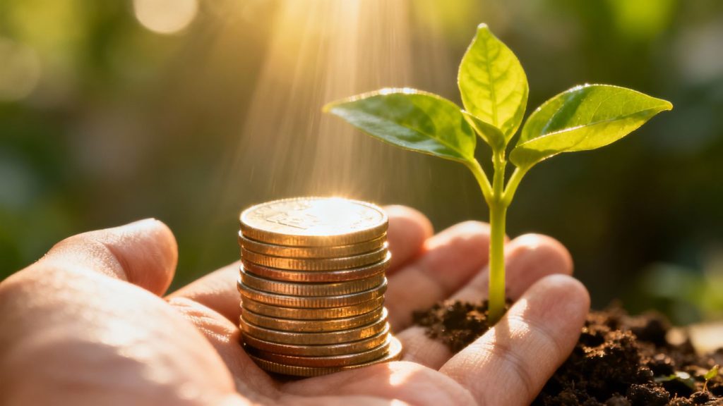 Hand holding coins with a growing plant.