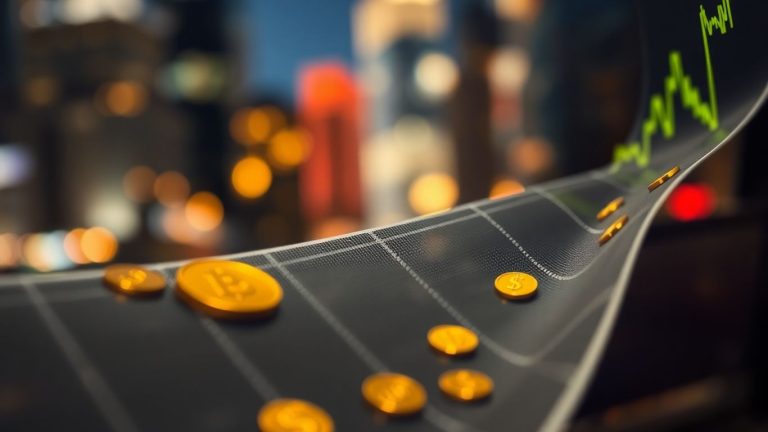 Financial Times stock market ticker tape with golden coins.