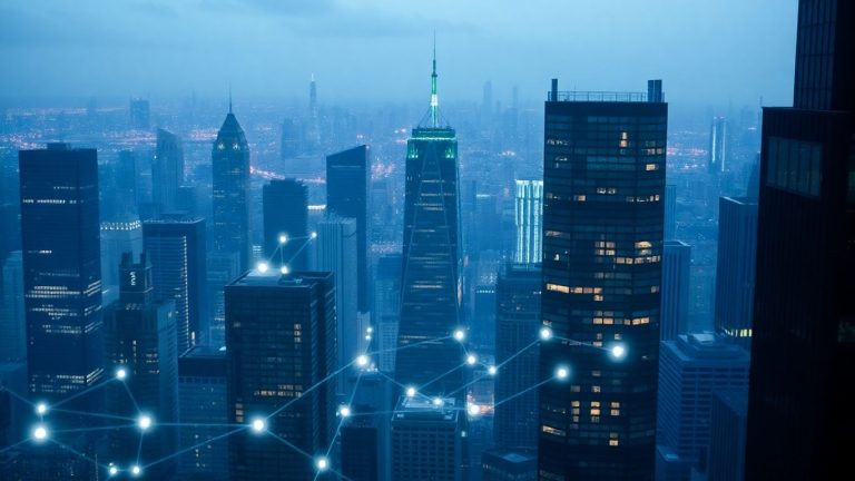 US cityscape with glowing network lines connecting skyscrapers.
