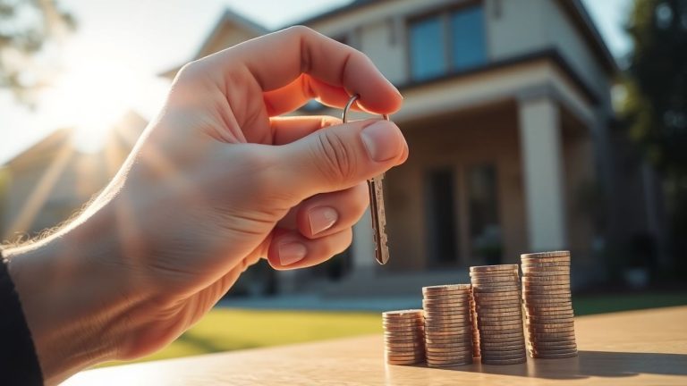 Key unlocking a house and coins for investment