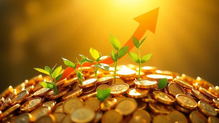 Upward arrow and golden coins symbolizing investment growth.