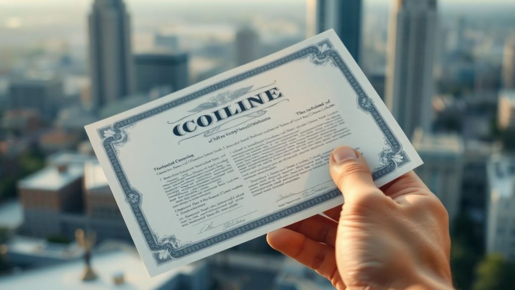 Bond finance certificate with cityscape background
