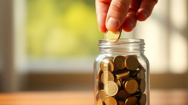 Hand placing coin in jar, financial growth concept.