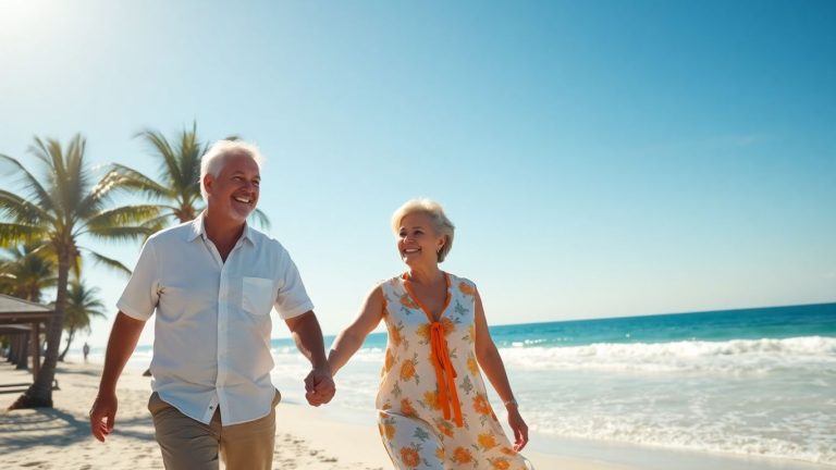 Happy retired couple enjoying a sunny beach vacation.