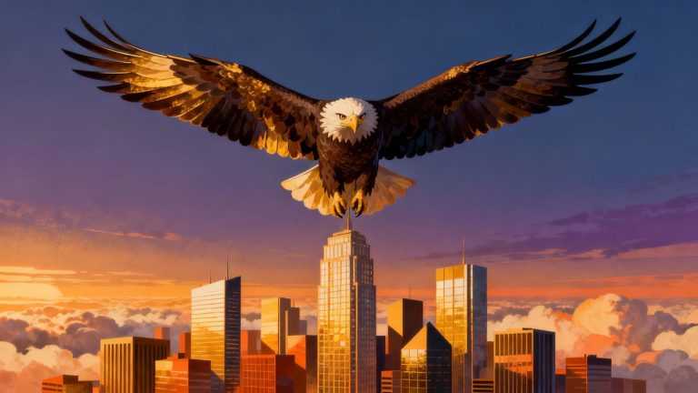 Eagle soaring over city skyscrapers at dawn.
