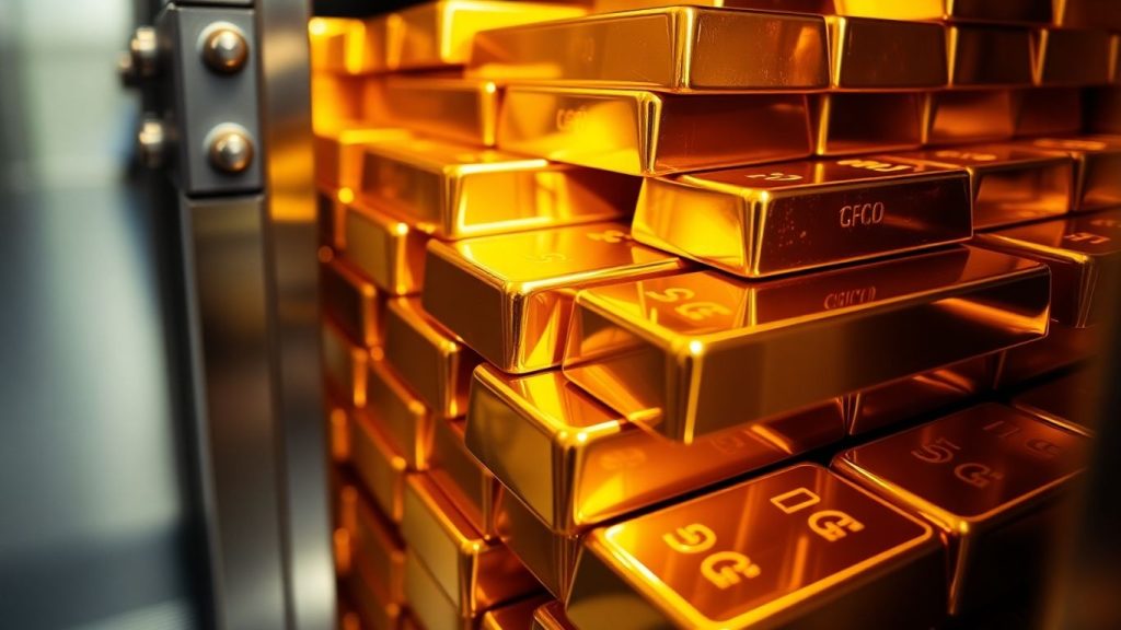Gold bars stacked in a vault
