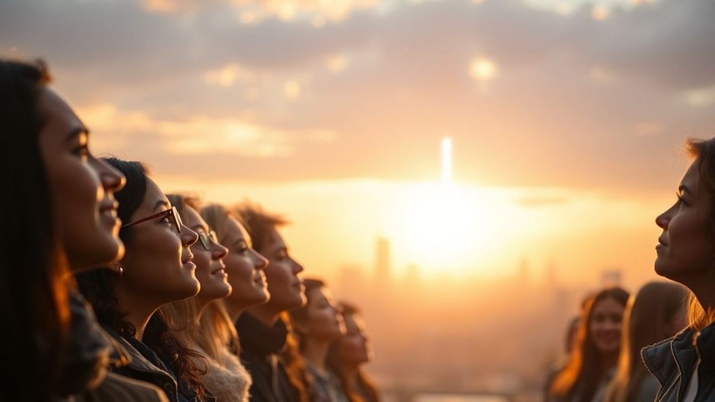 People looking at a bright, upward light path.