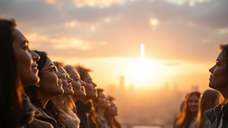 People looking at a bright, upward light path.