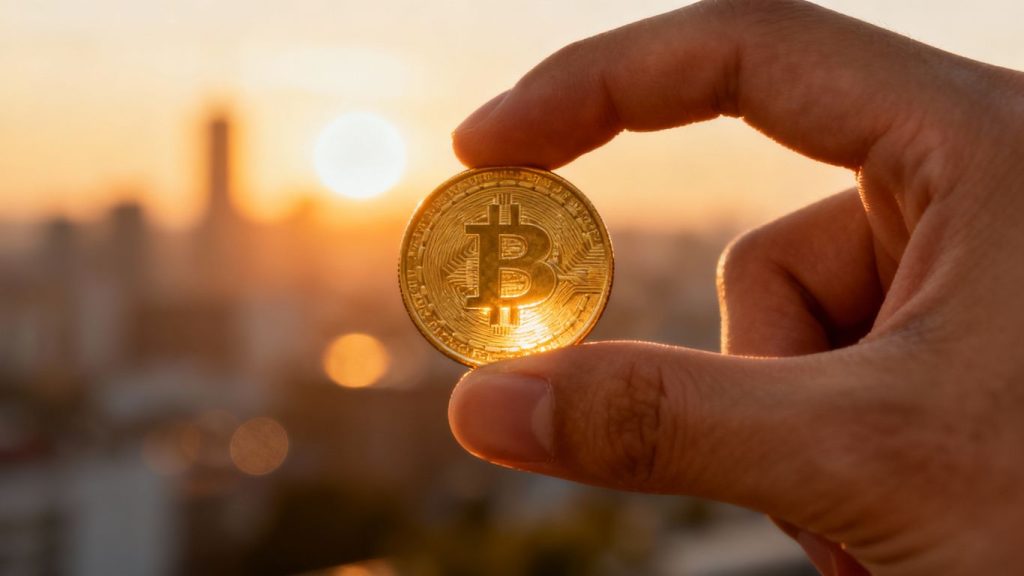Hand holding gold coin with cityscape background.