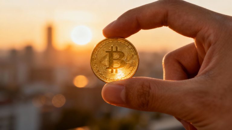 Hand holding gold coin with cityscape background.