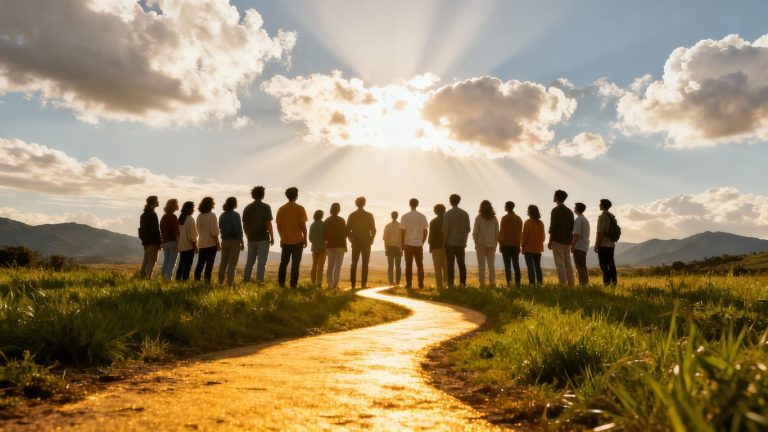 People looking towards a bright, expansive horizon.
