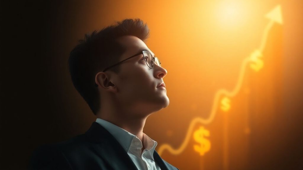 Person looking towards a bright future with financial symbols.