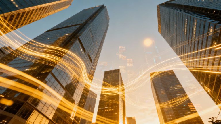 Cityscape with golden light trails, symbolizing market insights.