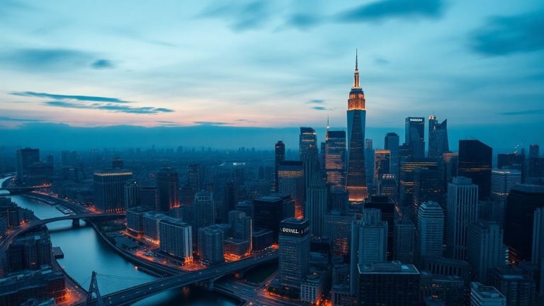 Financial cityscape with river at dusk.