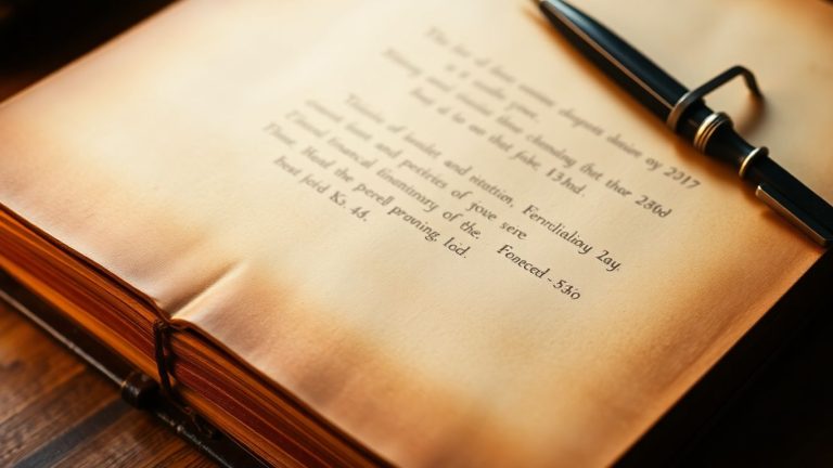 Vintage finance book and quill pen, historical financial terms.