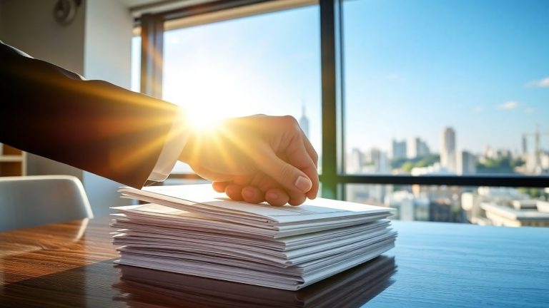 Handshake over property deeds with cityscape background.