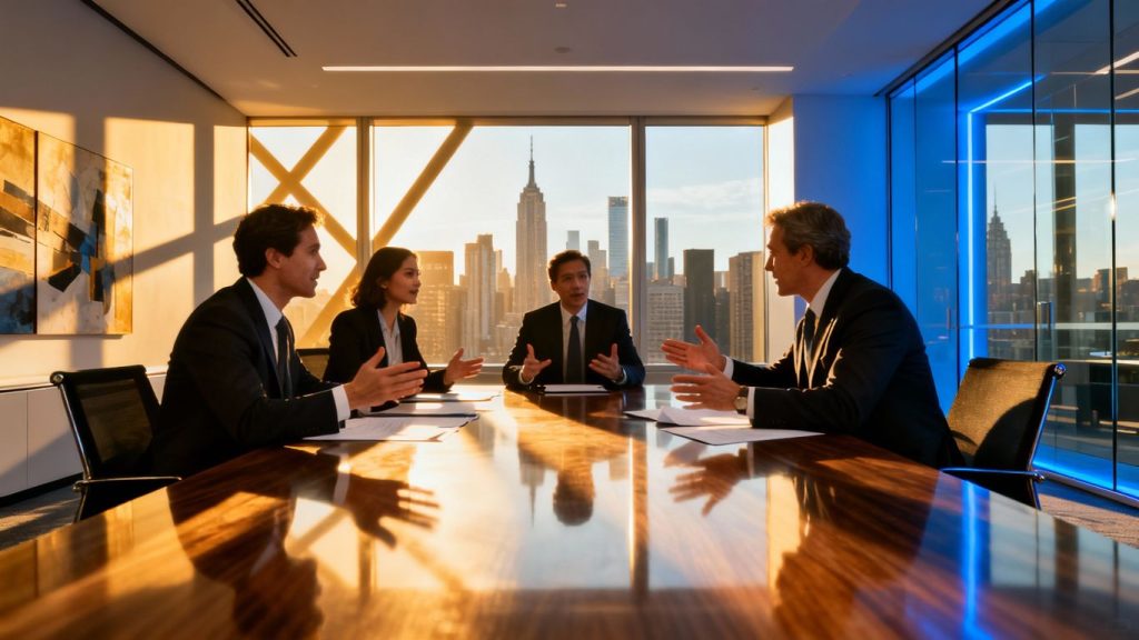 Investment bankers in a modern office discussing business.