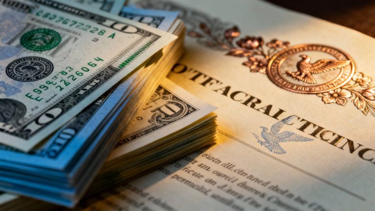 Financial bond certificate with U.S. currency.