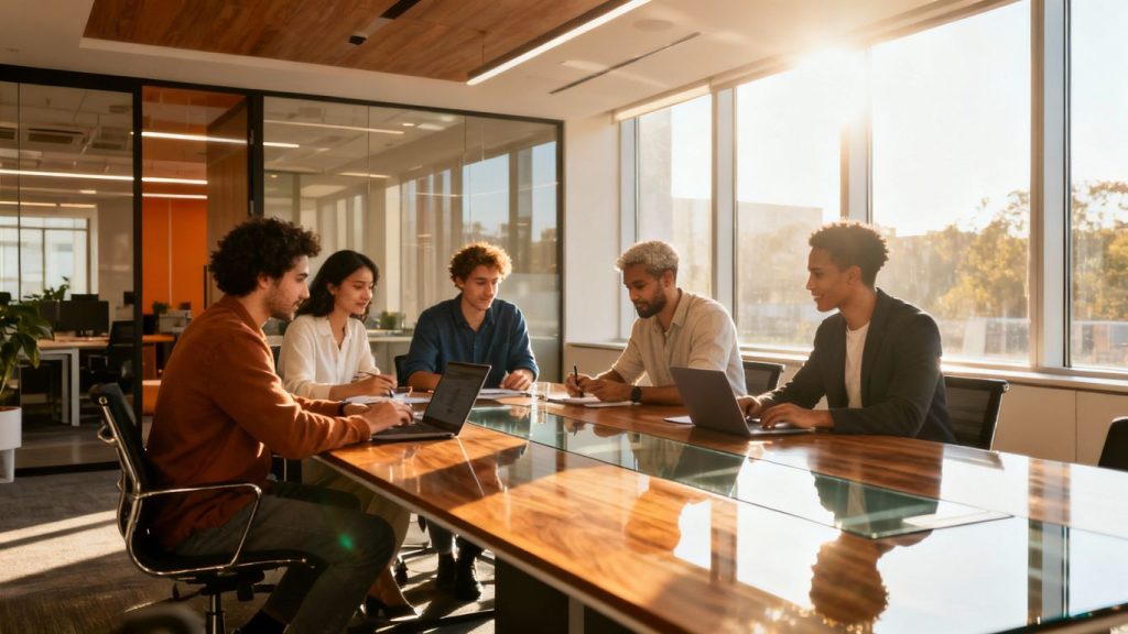 Bridgewater Associates office with professionals collaborating.