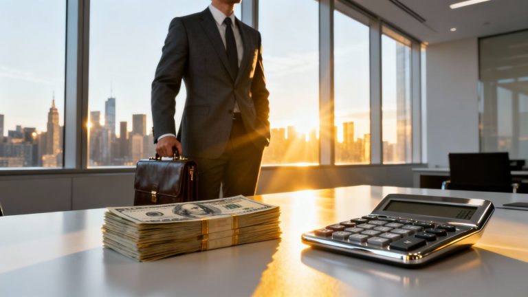 Investment banker in office with money and city view.
