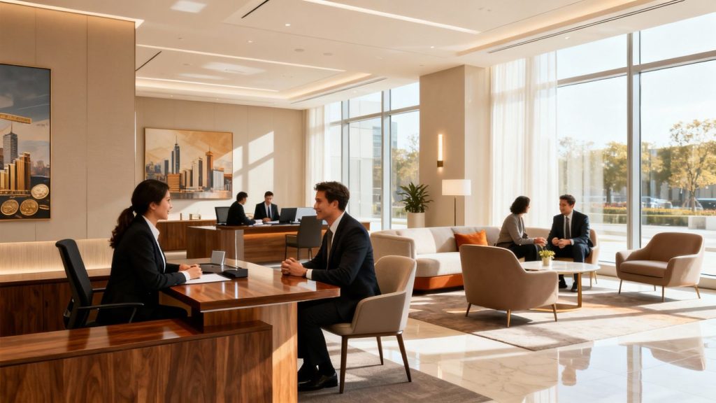 Fidelity office interior with advisors and clients.