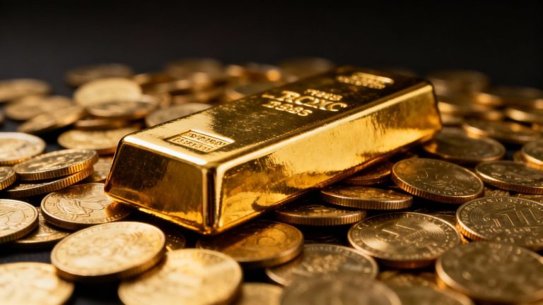 Gold bar and coins, symbol of wealth and investment.