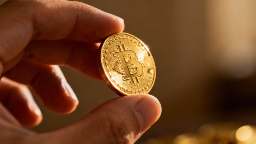 Hand holding a shiny gold coin.