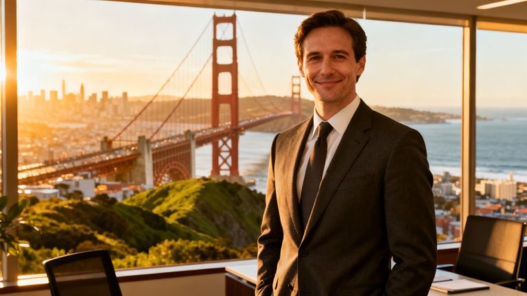 California finance analyst with Golden Gate Bridge background.
