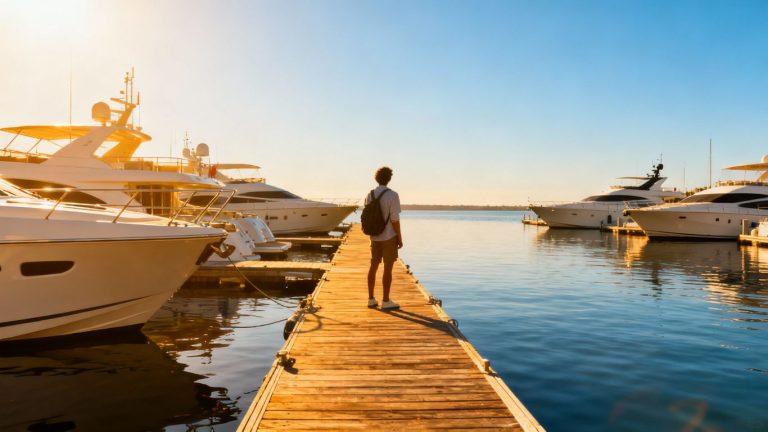 Sleek yachts docked in a sunny marina.