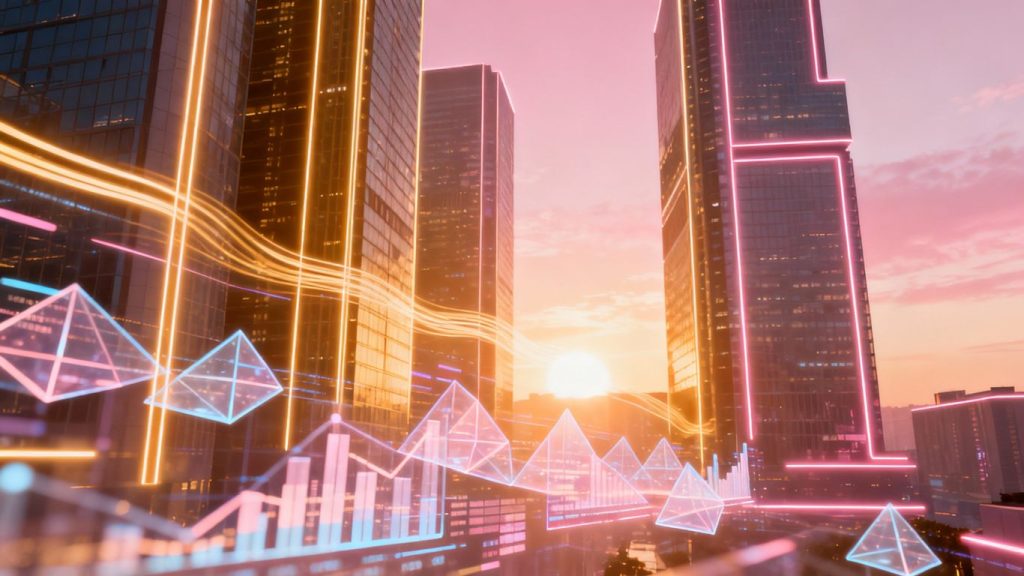 Futuristic cityscape with glowing financial data streams.
