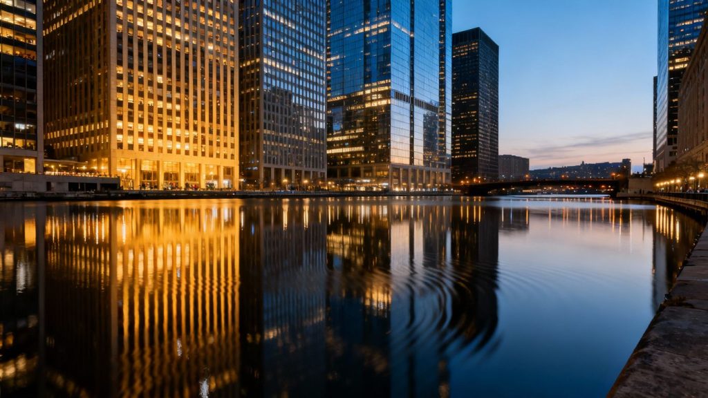 Modern cityscape at dusk with illuminated skyscrapers.