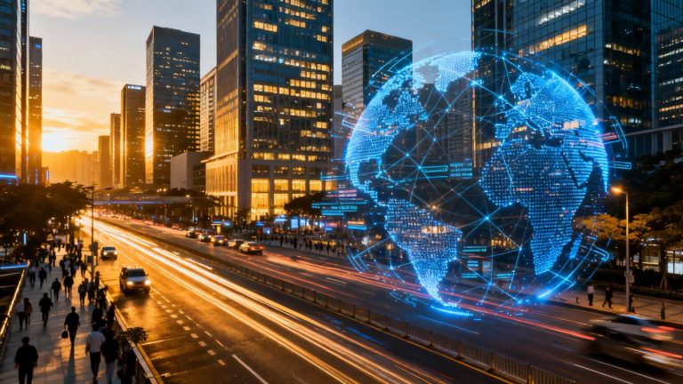 Financial market data and news imagery.