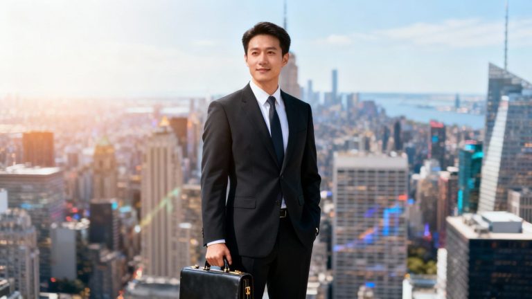 Banking investment salary concept with professional and cityscape.