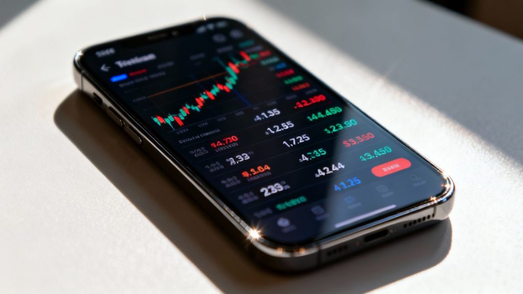 Smartphone displaying real-time stock tracking on Google Finance.