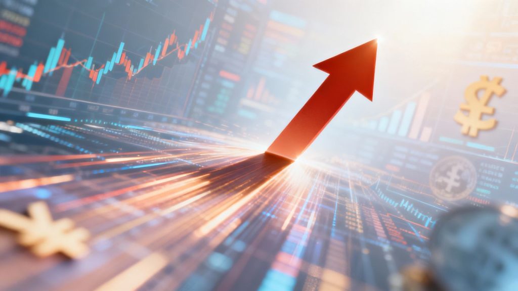 Financial arrow moving upwards, symbolizing growth and progress.