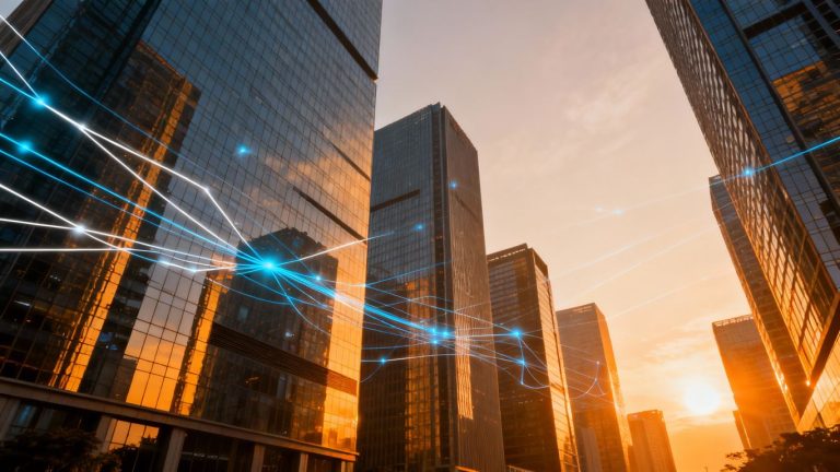 Modern cityscape with glowing connections, symbolizing investment growth.