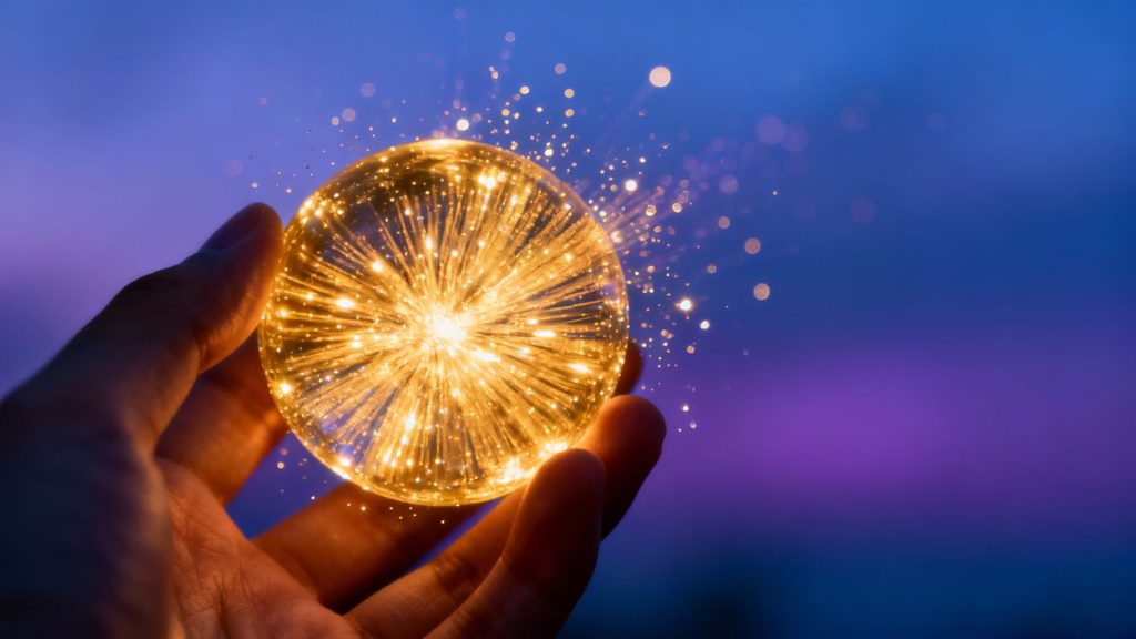 Hand holding glowing orb of financial growth.