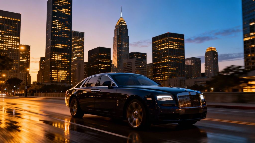 Investment banking cityscape at dusk with luxury car.