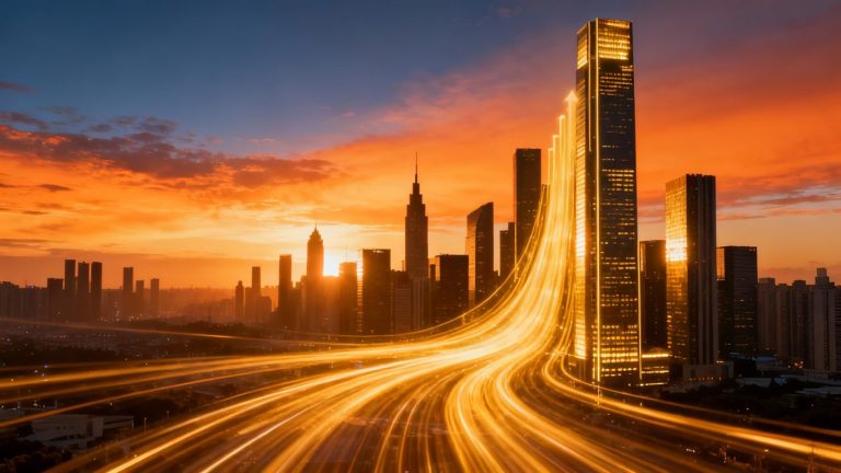 India cityscape at sunrise with golden light trails.