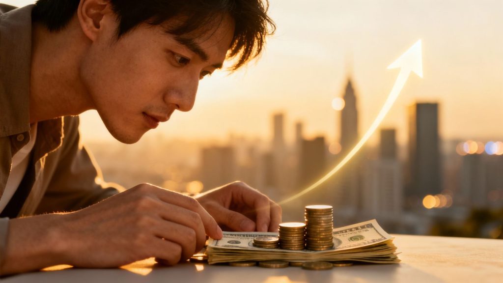 Calculating return on investment with money and growth arrow.