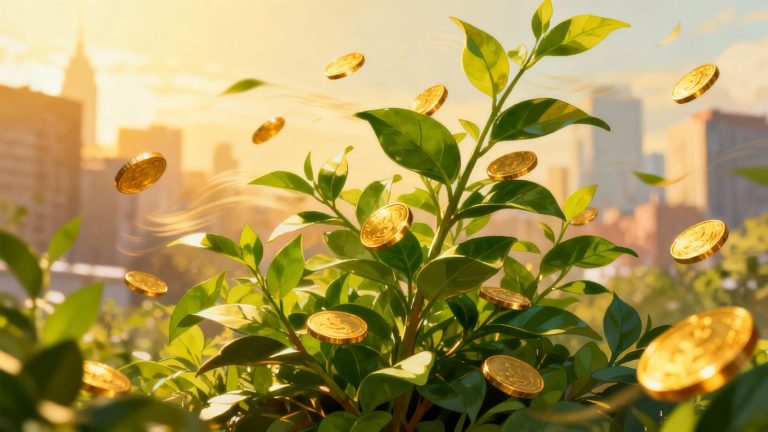 Plant growing golden coins, symbolizing financial growth.
