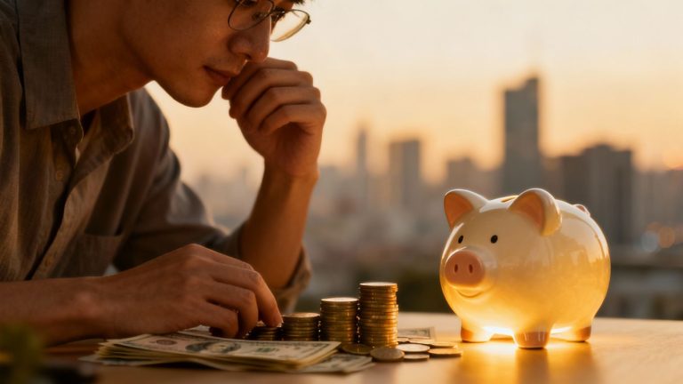 Person planning finances with coins and piggy bank.