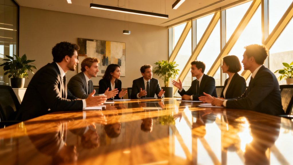 Investment bankers in a modern office discussing business.